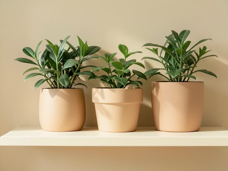 Potted plants arranged on a warm cream shelf
